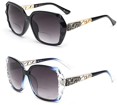 JM Bifokale Lese-Sonnenbrille, übergroße Sonnenleser-Gläser für Frauen UV-Schutz im Freien Schwarz+Blau 1.5