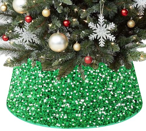 PATYDEST Glitter Christmas Tree Collar Shiny Green Sequin Tree Skirt Velvet Christmas Tree Stand Base Collar for Palm Tree Ring Round Thick Tree Skirt Covers for Santa Clause Xmas Holiday Decorations