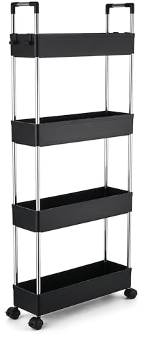 QIUFEN Carrito Cocina, Carrito Auxiliar con Ruedas de 4 Niveles, Carro Manualidades con Asa y Ganchos, Carrito de Almacenamiento de Ahorra Espacio para Baño, Cocina, Oficina, 40 x 13 x 95 cm, Nero