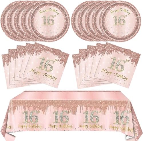 SNIMICS 16th Birthday Decorations for Girls Rose Gold Sweet 16 Birthday Party Decoration for Her 16th Happy Birthday Plates and Napkins Tablecloth Decoration for Girls, 16 Years