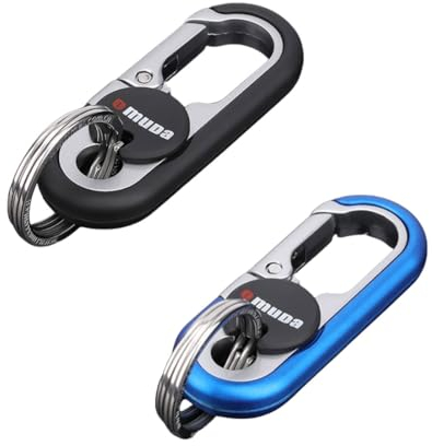 PSOWQ Pack de 2 mosquetones para Llavero, mosquetón para Llaves de Acero Inoxidable, Llavero para Coche con 4 llaveros, Mini Herramientas para Exteriores, Unisex - Azul + Negro