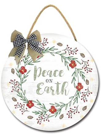 Peace On Earth für Haustür, horizontale runde Türkränze, Einweihungsgeschenk, Bauernhaus-Holz-Türhänger für Heimdekoration drinnen und draußen, Klassenzimmer, Hof, Veranda-Dekor