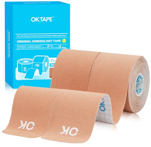 OK TAPE Ruban de kinésiologie pré-découpé de 25 cm de long et 5 cm de large, en coton élastique sans latex, 5cmx5m,2 Rouleaux, Beige