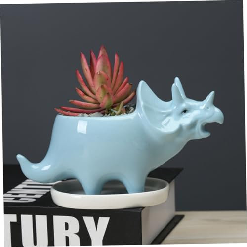 Obelunrp Planteur de Dinosaure, 6,4 Pouces en céramique Dinosaure Pot Succulent avec Plateau, jardinière Animal Mignon, Petit Pot de Fleurs pour décorations de Bureau à Domicile (Bleu
