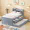 Azkoeesy Kinderbett 90 x 200 cm, Funktionsbett, Jugendbett, mit Ausziehbett, mit 2 Schubladen, mit Stauraum Kopfteil, mit USB-Anschluss, mit Lattenrost, Grau