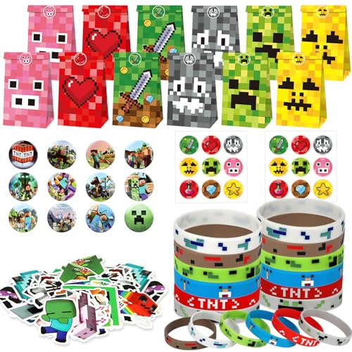 Jeux Vidéo Cadeau Anniversaire Enfants, 12 Jeux Sac à Bonbons Anniversaire, 12 Bracelets en Silicone, 12 Insignes, 50 Autocollants, Anniversaire Miner pour Garçons Filles Fournitures Fêtes à Thème