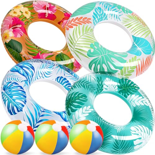 90shine 7-Pack Luau Pool Floats: Inflatable Floaties Rings and Beach Balls, Floating Tubes & Toys for Kids Adults, Swimming Beach Pool Party Decorations