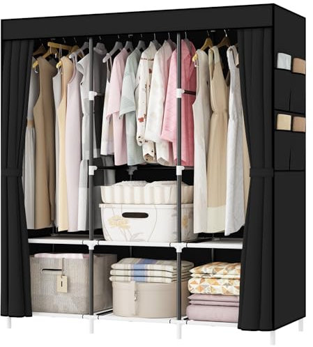 OPPAIYA Canvas Wardrobe, Pop up wardrobe, Versatile Fabric Wardrobes with 3 Storage areas and 3 Hanging Rai & 8 Side Bags, Portable wardrobe 125 x 45 x 165 cm, Great Clothing wardrobes for bedroom