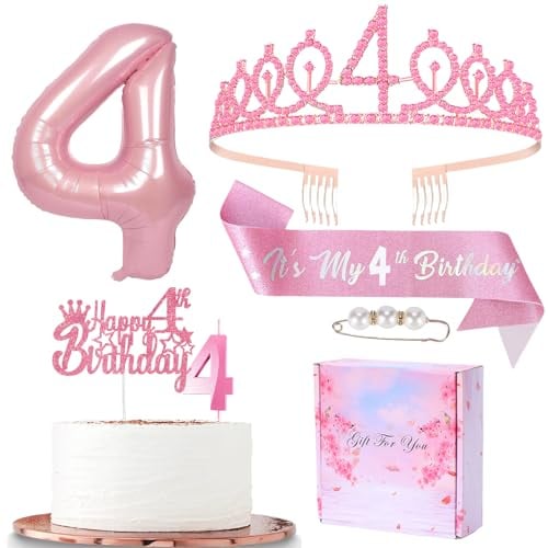 Pink 4th Birthday Decorations,4th Birthday Sash and Tiara Set for Girl Birthday Decorations 4th Crown,4th Candle Cake Topper,Foil Balloon Sash and Tiara 4th Birthday Presents Her 4th Birthday Gifts