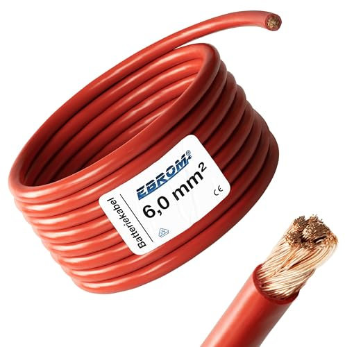 EBROM - 2 Meter Batteriekabel - Pluskabel - rot - 6mm2 | 6 mm² | 6 mm2 - Vollkupfer 99,9% OFC Kupfer Stromkabel - Ihre Länge: 2 Meter