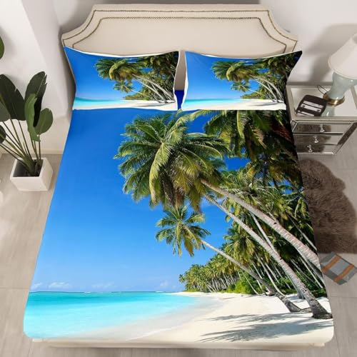 3D Hawaii Spannbettlaken 120x200cm, Tropisch Weiches Mikrofaser Bettlaken für Kinder, Bettlaken Spannbetttuch 120x200 bis 30 cm Matratzenhöhe mit 2 kissenbezüge b5960
