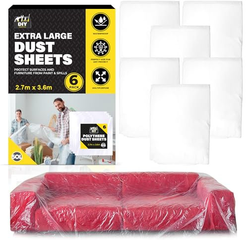 SOL 6pk Extra Large Dust Sheets - 3.6x2.7m Heavy Duty Plastic Sheeting for Decorating, Furniture Protection & Painting, Thick Plastic Dust Sheet Covers, Durable Plastic Covers