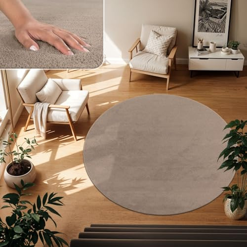 TT Home Wohnzimmer Teppich Kurzflor Anti-Rutsch Rückseite Unifarben Modern Waschbar, Farbe:Taupe, Größe:80 cm Rund