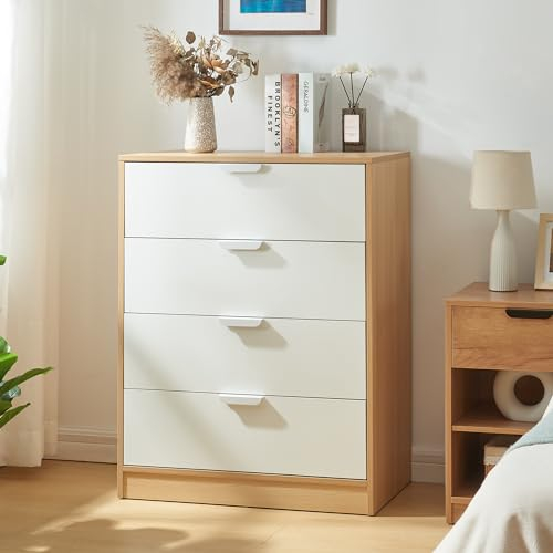 [en.casa] Kommode Varkaus mit 4 Schubladen Schrank Schlafzimmer Aufbewahrungsschrank 90 x 70 x 40 cm Flur Schubladenschrank Eichenoptik/Weiß
