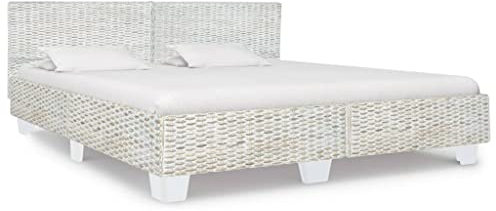 OHOOWOO Bett Grau Natur Rattan 180x200 cm,