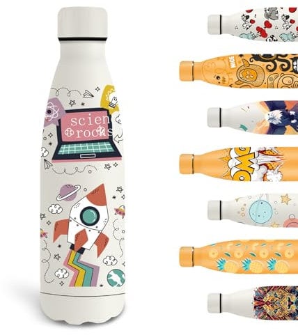 Grsta Gourde Isotherme, 500ml Gourde Enfant, Gourde Personnalisée avec Fusée, Gourde Sport Sans BPA, Double Paroi Isolante, Bouteille d'eau anti Fuite, pour l'École, Bureau, Voyage, Sports, Blanc