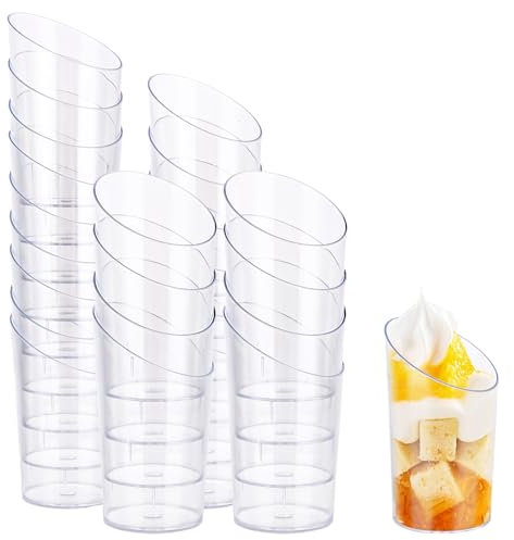 AKOLAFE 120 Mini Dessert Cups - 65ml Angled Plastic Cheesecake Pots, Reusable, Clear, Round, Sweet Cups for Parties (8x4cm)