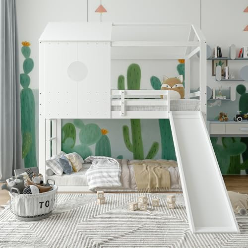 POYHKFD Lit Superposé avec Toboggan,Lit Enfant 90x200 en Bois LIT Superposé Cabane Meubles de Chambre d'enfant,Lits 90x200 avec Barrière Et Sommier À Lattes (Blanc avec Toboggan)