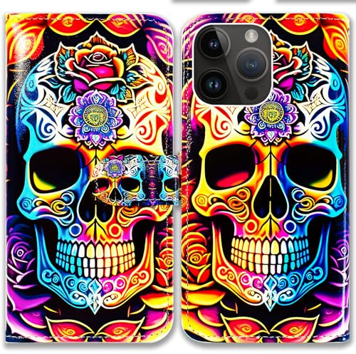 Bcov Case For iPhone 16 Pro Max,Colorful Mandala Skull Flowers Leather Flip Phone Case Wallet Cover with Card Slot Holder Kickstand Case For Apple iPhone 16 Pro Max