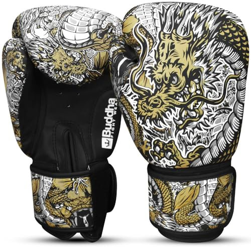 BUDDHA FIGHT WEAR Weiße Dragon-Boxhandschuhe, entworfen für Training und Sparring in Muay Thai Kickboxen Fitness - Männer und Frauen - 400 ml