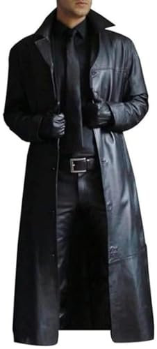 Maiyifu-GJ Mens Retro Faux Leather Trench Coat Full Length Steampunk Long Overcoat Vintage Open Front Cardigan Jacket, Black, XL