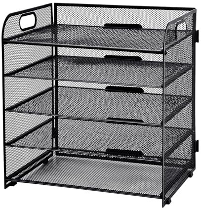 Hotyin Archivos de Escritorio, 5 Niveles Bandeja Organizadora, Estantes de Malla para Archivos con Asa, Organizador de Archivos para Carpetas de Archivo A4, Negro