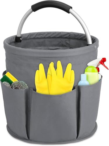 Tool Bag with Handle: 17 liters Bucket Tool Organizer Bag - Collapsible Garden Small Tools Bag - Portable Multi Cleaning Organiser Caddy - Multi Pocket Craft Caddy - for Indoor and Outdoor(Grey)
