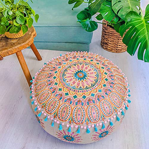 Mandala Life ART Böhmischer Hocker Osmanische mit Füllung -Poufer Rund 60x20 cm - Luxus-Hocker mit handwerklichem Raumdekor für Meditation, Yoga und Boho Chic Sitzbereich