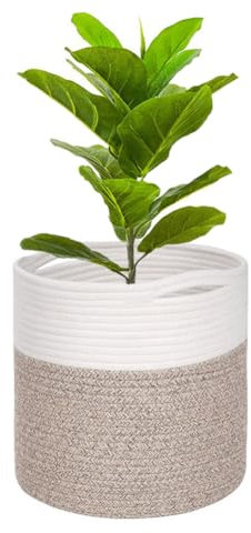 Maceta con forro para plantas de interior, maceta plegable de algodón, cesta de almacenamiento tejida para plantas, macetas de flores, organizador de juguetes de lavandería (blanco con marrón, 25 x 25