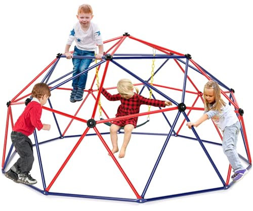 GYMAX 10FT Dome Climber, Kids Climbing Set with Swing and Convenient Grip, Indoor Outdoor Children Climbing Frame for 3-12 Years Old Boys Girls, Max Weight 350kg (Red+Blue, 305x293x159cm)