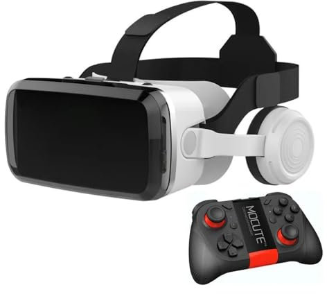 PPLDABNK Casco per Realtà virtuale 3D Smartphone + Joystick, Occhiali 3D VR, 3D IMAX, Schermo Gigante da 800, Effetto sonoro KTV, 350 mAh, per Film e Giochi,White