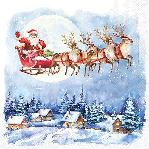 20 Servietten Weihnachten Santa über Winterdorf als Tischdeko. Papierservietten mit Motiv. Auch für Decoupage und Serviettentechnik 33x33cm