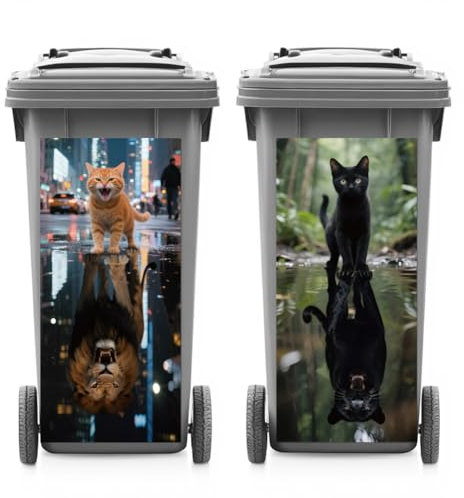 ANATTASOUL 2 Sheets Wheelie Bin Stickers Decorative Cat and Lion Waterproof Dustbin Decor, 14.9x 32.2 Adhesive Large Decal for Bins, Fridge, Wall Outdoor, Indoor Decoration