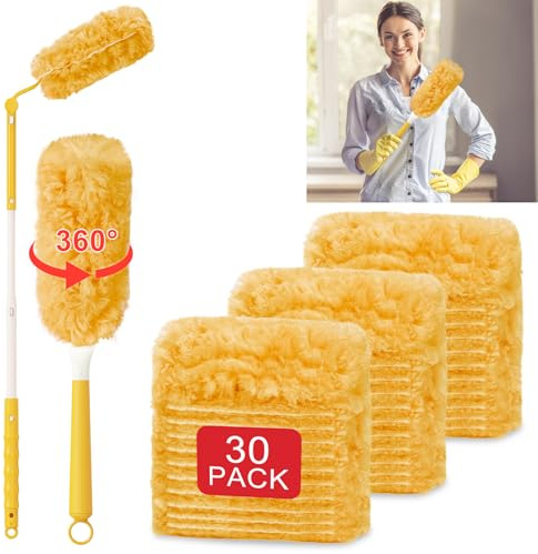 30 PCS Dust Magnet Disposable Dust 360° Yellow Dusting Kit Long Handle Short Handle for Household Cleaning Doors Windows Wardrobes Pendant Lights Ceiling Fan