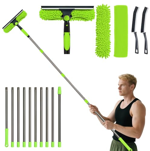 Orifesio 4.3M Long Reach Window Cleaning Kit, Window Cleaning Equipment with 10 Extension Pole, 2 Crevice Brush & 3 Microfiber Cloth, Extendable Window Cleaner Pole for High Window Car Glass, Green