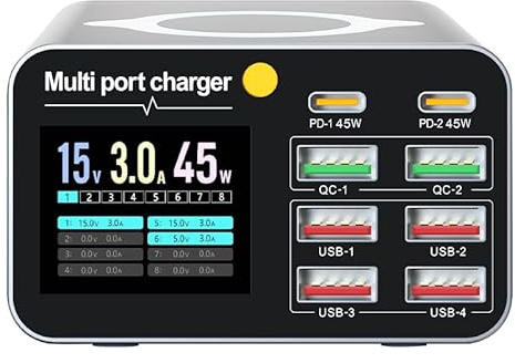 80W Desktop Fast Charging Station, 8-Port Digital Display, Multi Port USB Charging Hub Type C, 15W Wireless Charging for IPhones 14/15/16Pro Ipad MacBook Huawei Xiaomi Laptops