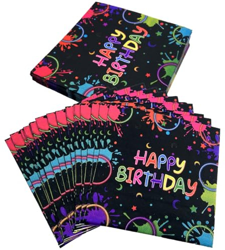 48 Stück Servietten Geburtstag, Geburtstag deko Happy Birthday Servietten, Leuchtendes Neonthema Papierservietten für Junge Party (33 x 33cm)