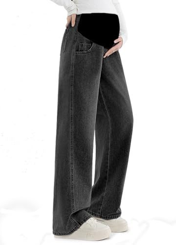 Alled Maternité Jeans, Pantalon Maternité Jambes Larges Réglable élastique Taille,Jeans Grossesse Lâche avec des Poches Pantalon Décontracté