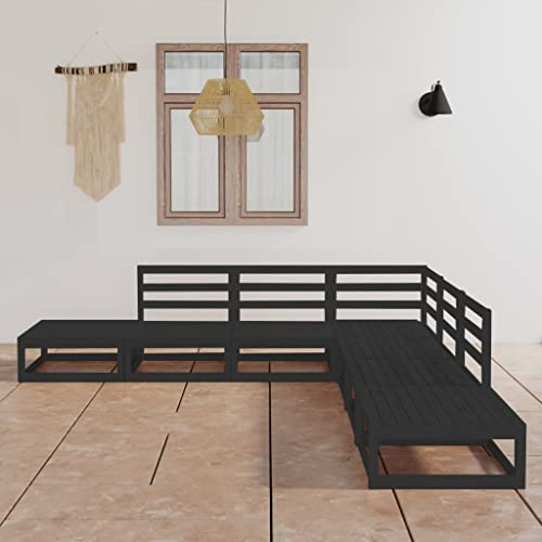 Runheo Salon de Jardin Modulable 7 pcs Noir, Bois de Pin Massif, Extérieur, Canapé d'angle, Repose-Pieds, Meubles de Patio