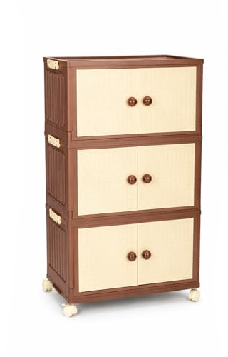 Large Fodable Storage Boxes with Lids, 3 Tier Storage Bins on Wheels | Stackable Box with Door, Large 45L Household Collapsible Cabinet Organiser, for Living Room, Office Drawer 55 x 32x 90 cm