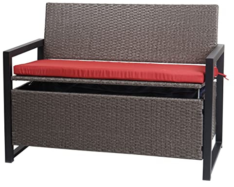 PROREGAL Poly-Rattan 2er Sitzbank | HxBxT 84x117x57cm | Gartenbank Truhenbank | Grau-meliert | Kissen Rot | Staufach Aufbewahrung Sitzkissen