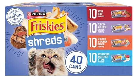 Purina Friskies Wet Cat Food Variety Pack, Shreds With Beef, Turkey and Cheese Dinner, Chicken and Salmon Dinner, and With Ocean Whitefish and Tuna - (Pack of 40) 5.5 oz. Cans