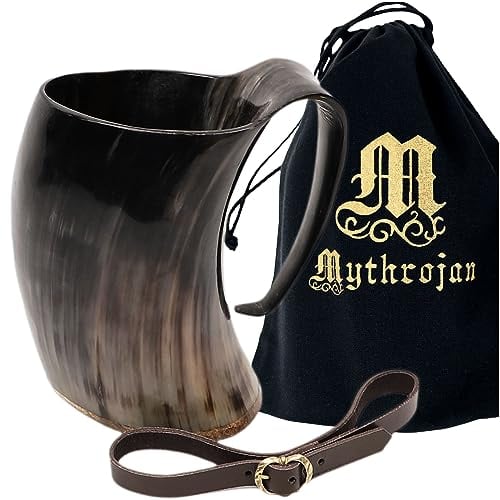 Mythrojan Viking Drinking Horn Mug Tankard Authentic Vintage Home Décor Gifts Medieval Inspired Wine Beer Drinking Horn with Leather Holder and Free Canvas Bag - Capacity appox 500 ML / 16.90 oz