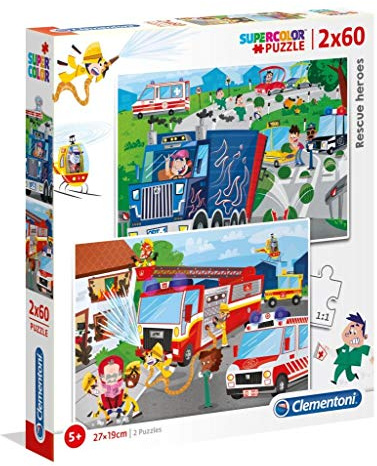 Clementoni 21602 Supercolor Heldenhafte Retter – Puzzle 2 x 60 Teile ab 5 Jahren, buntes Kinderpuzzle mit besonderer Leuchtkraft & Farbintensität, Geschicklichkeitsspiel für Kinder