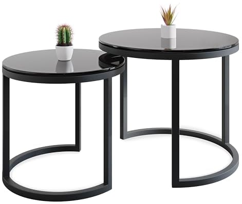 Lumarc Modena, Couchtisch Rund 2er Set aus Gehärtetem Glas und Stahl Handgefertigt, Beistelltisch, Wohnzimmertisch, Coffee Table, Schwarz, 50x43 cm / 40x38 cm, Langlebig & Stilvoll