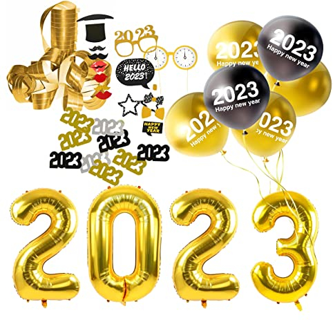 XXL Silvester Deko 2025 Set - WIEDERVERWENDBAR Happy New Year - Neujahrsdeko - New Year Decoration - mit Luftballons, Luftschlangen, Latexballons, Konfetti uvm als Dekoration zu Neujahr