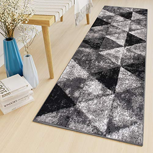 TAPISO Luxury Teppich Läufer Flur Meterware Korridor Küche Flur Kurzflor Modern Geometrisch Dreiecke Design Schwarz Grau Creme ÖKOTEX 100 x 500 cm