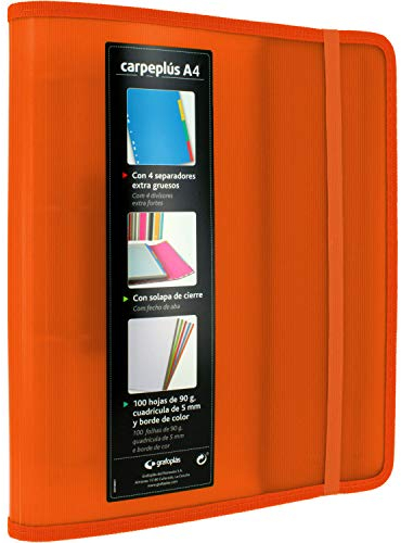 Grafoplás 88200052. Carpeplús Carpeta de 4 Anillas, A4, Naranja, Polipropileno, con Solapa Lateral, Recambio de 100 Hojas, Separadores y Sobre Transparente, Multiline.