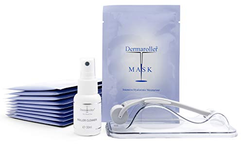 Dermaroller Starter-Set für Ihr Gesicht: Gesichtsmaske Hyaluron (10 Stk.) + Original Dermaroller HC902 Set - 162 ECHTE NADELN - Professionelles Microneedling für zuhause - Made in Germany