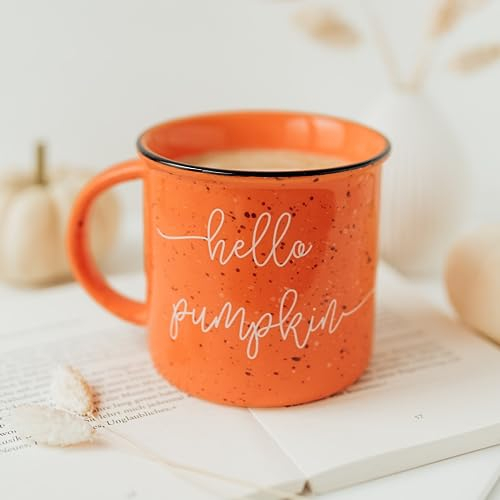 Mimi&Tone Hello Pumpkin Kaffeebecher Porzellan XL, Große Tasse Keramik (400ml), Lieblingstasse, Jumbotasse, Herbst Dekoration Geschenk XXL Steingut Tumblr Herbstdeko Kürbis Halloween Deko